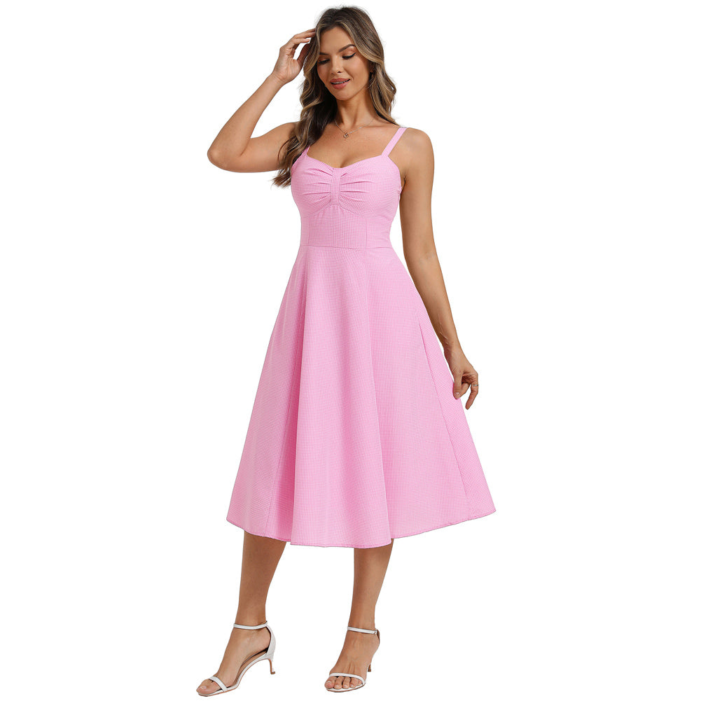 belle poque 1950s Vintage Gingham Dress for Women Sweetheart Neckline Dresses with Pockets