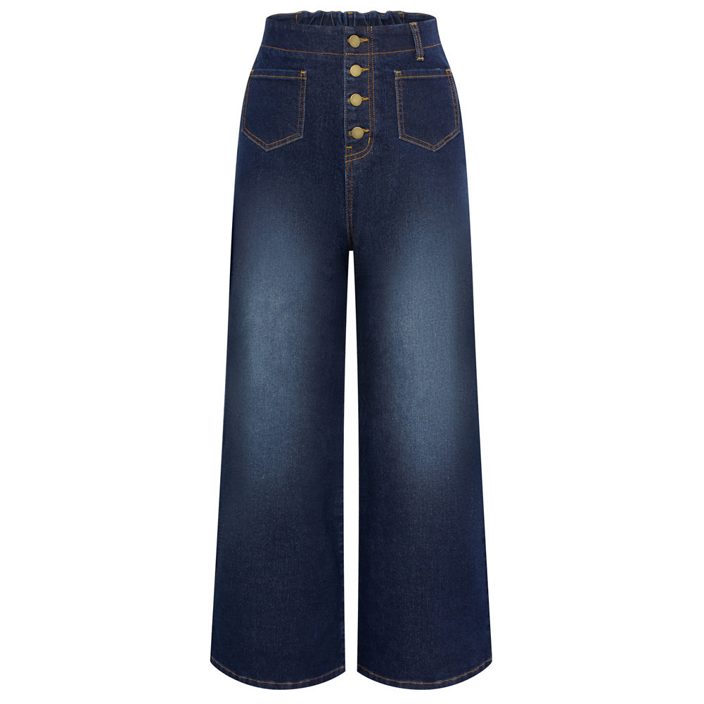 belle poque Vintage Straight Leg High Waisted Elastic Waist Multi-Pocket Flare Denim Pants Royal blue