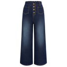 belle poque Vintage Straight Leg High Waisted Elastic Waist Multi-Pocket Flare Denim Pants Royal blue
