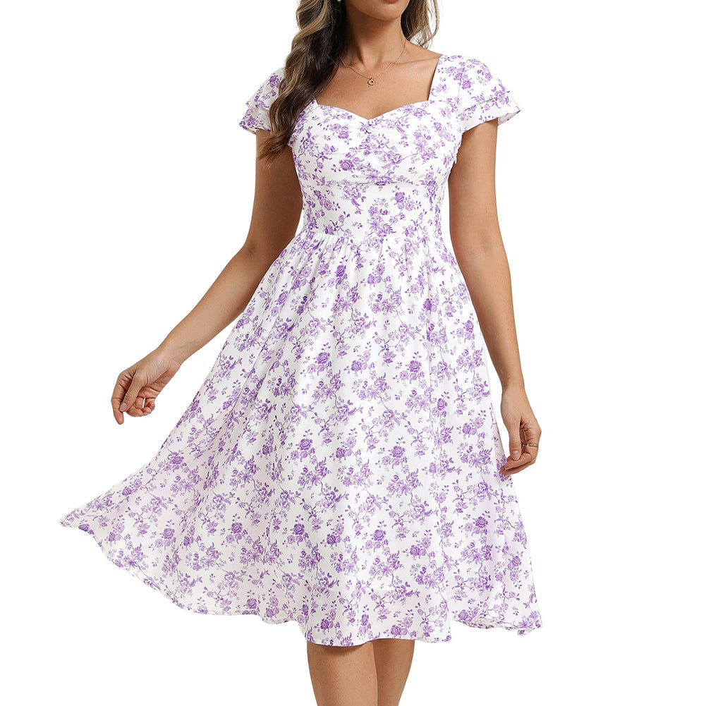 belle poque Women's Sweatheart Floral Dress 2026 Spring Ruched Midi Garden Party Dress Purple