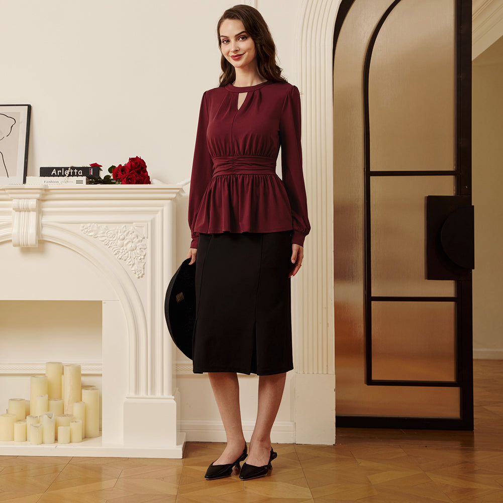 belle poque Women Retro Defined Waist Tops Long Lantern Sleeve Crew Neck Pullover Tops