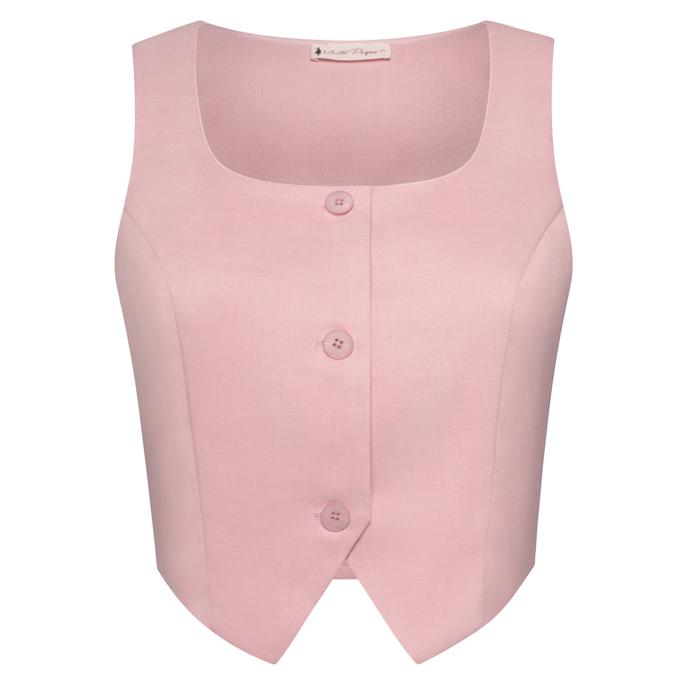 belle poque Women Vintage Handkerchief Hem Vest Square Neck Cropped Length Vest Coat Pink
