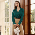 belle poque Women Vintage Shirt OL Long Sleeve Lapel Collar V-Neck Button-up Tops