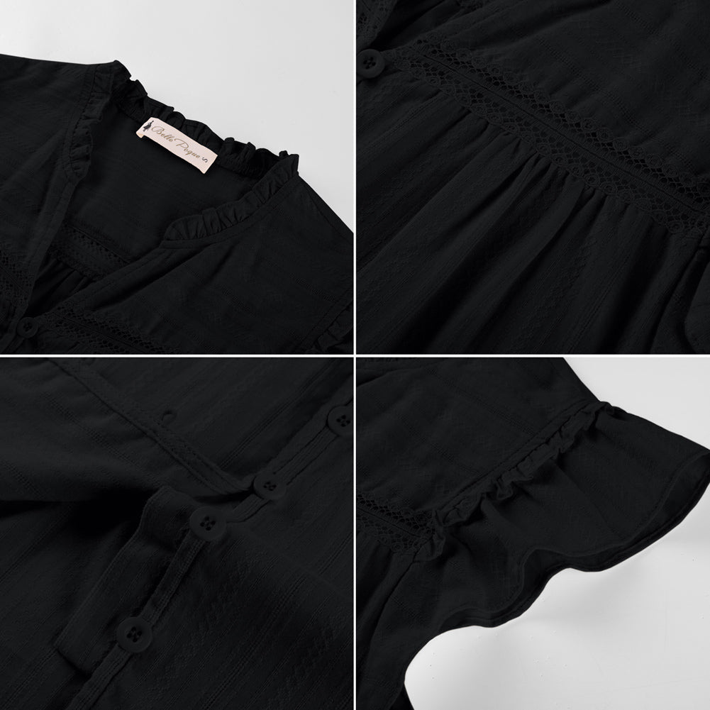 belle poque Women's Ruffle Sleeve Cotton Shirts Button Down Blouses Dressy Casual Tops
