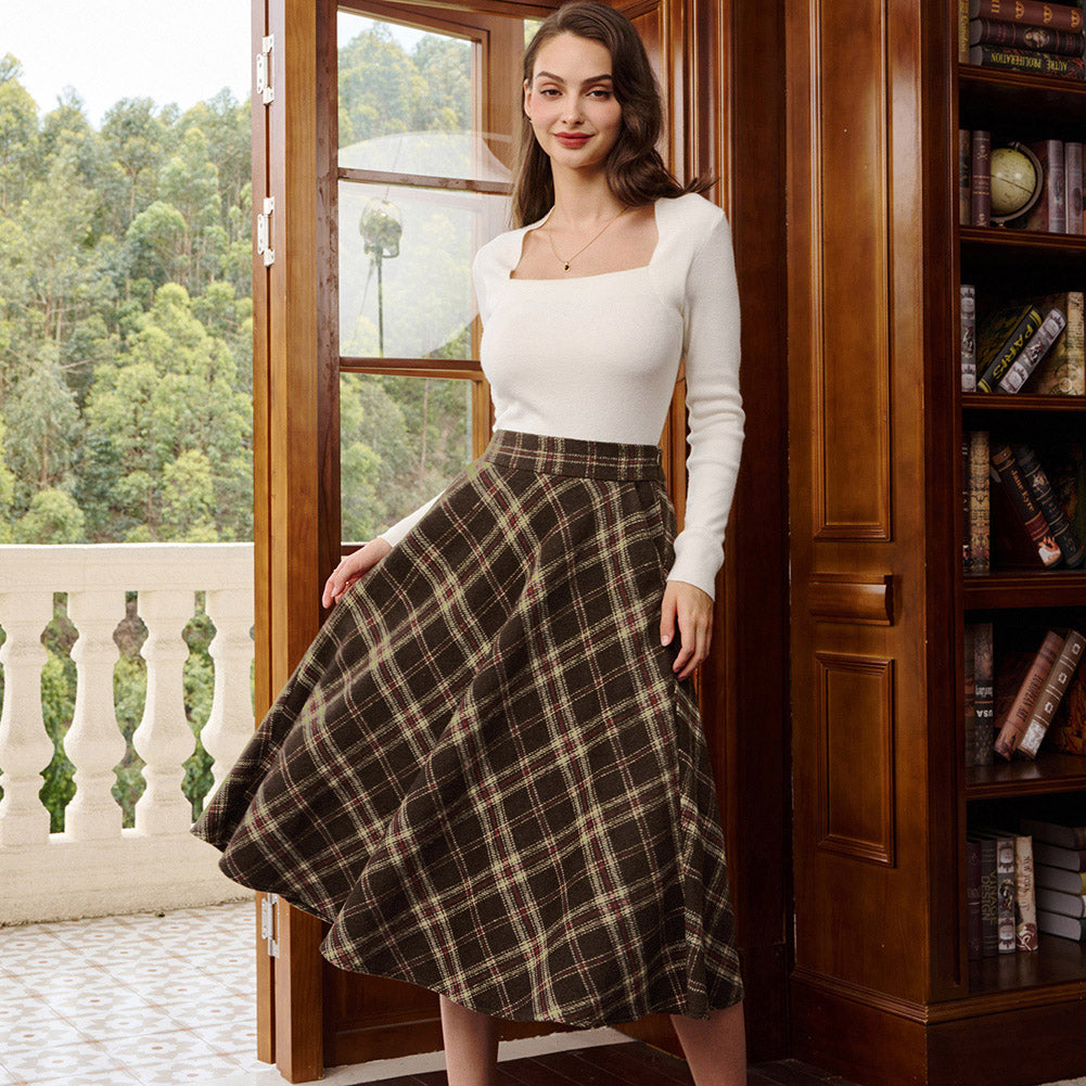 belle poque Women Vintage Plaided Swing Skirt Elastic Waist Mid-Calf Length A-Line Skirt