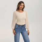 belle poque Women's Mesh Long Sleeve Tops Bow Tie Back Dressy Blouses