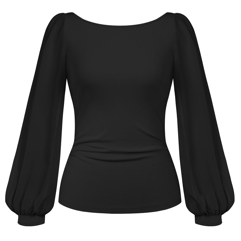 belle poque Women's Mesh Long Sleeve Tops Bow Tie Back Dressy Blouses Black