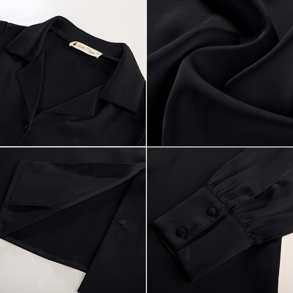 belle poque Women Vintage Shirt OL Long Sleeve Lapel Collar V-Neck Button-up Tops