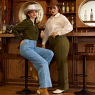 belle poque Vintage Straight Leg High Waisted Elastic Waist Multi-Pocket Flare Denim Pants