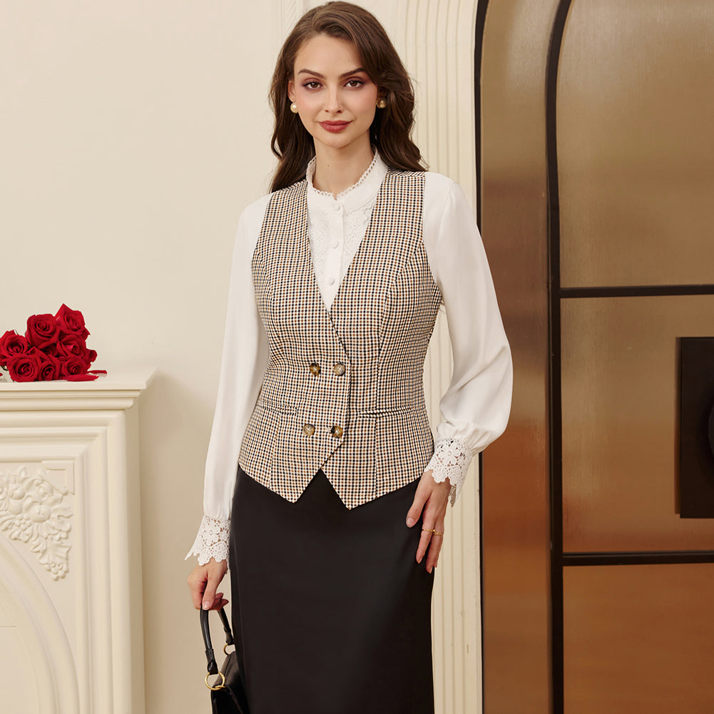 belle poque Women Double Breasted Vest Coat V-Neck Handkerchief Hem Business Waistcoat