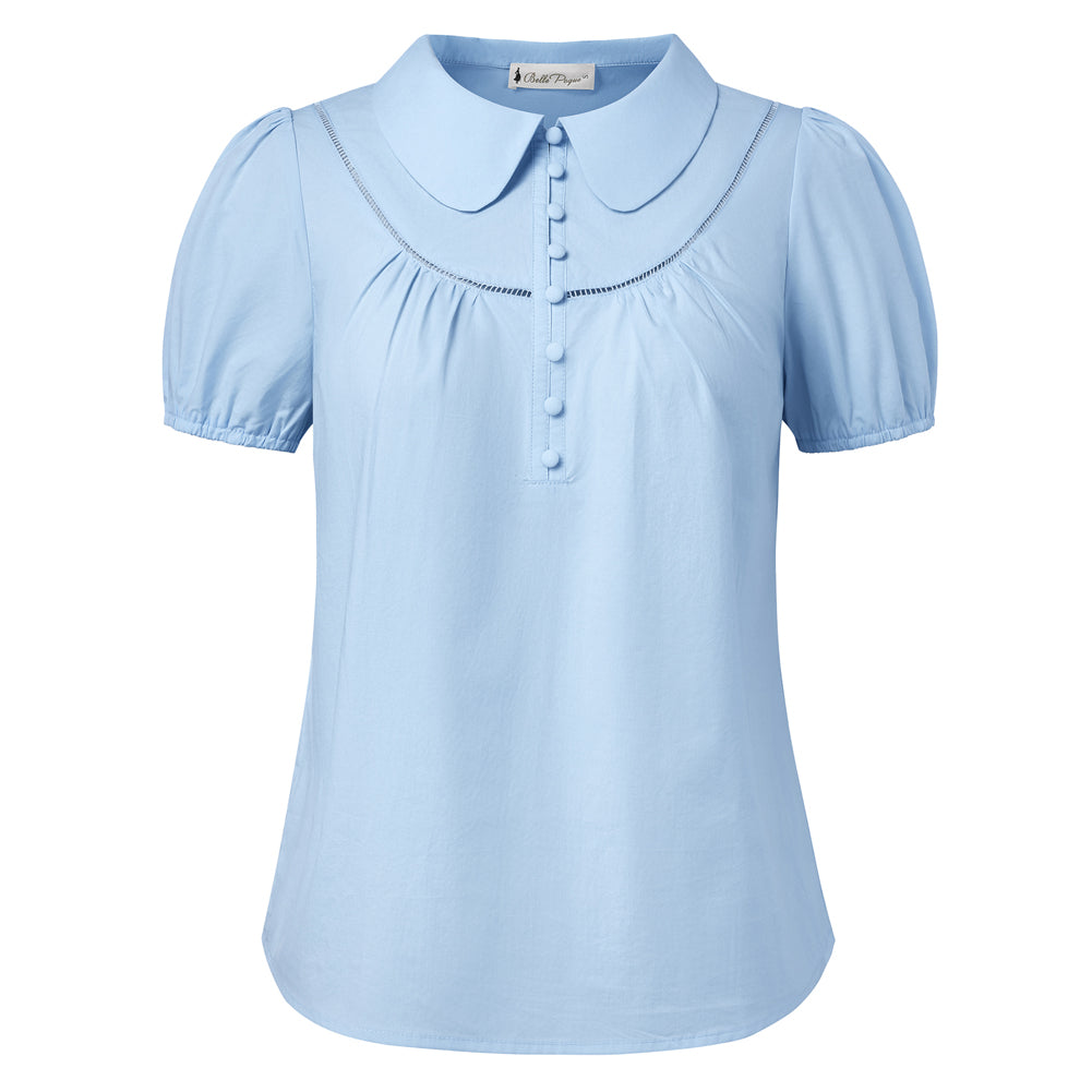 belle poque 2026 Puff Sleeve Cotton Blouses for Women Peter Pan Collar Dressy Work Shirts Blue