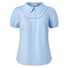belle poque 2026 Puff Sleeve Cotton Blouses for Women Peter Pan Collar Dressy Work Shirts Blue