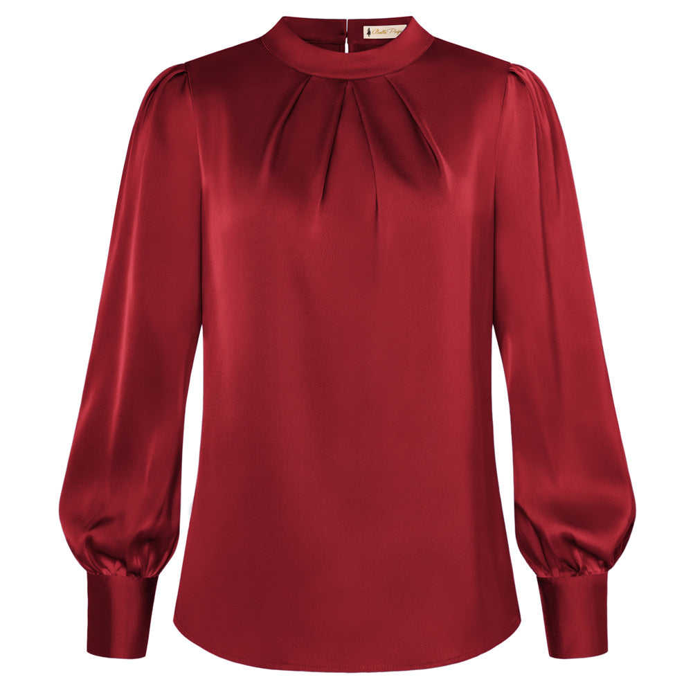 belle poque Womens Long Sleeve Satin Blouse Dressy Casual Business Tops Shirts for Office Work Wine