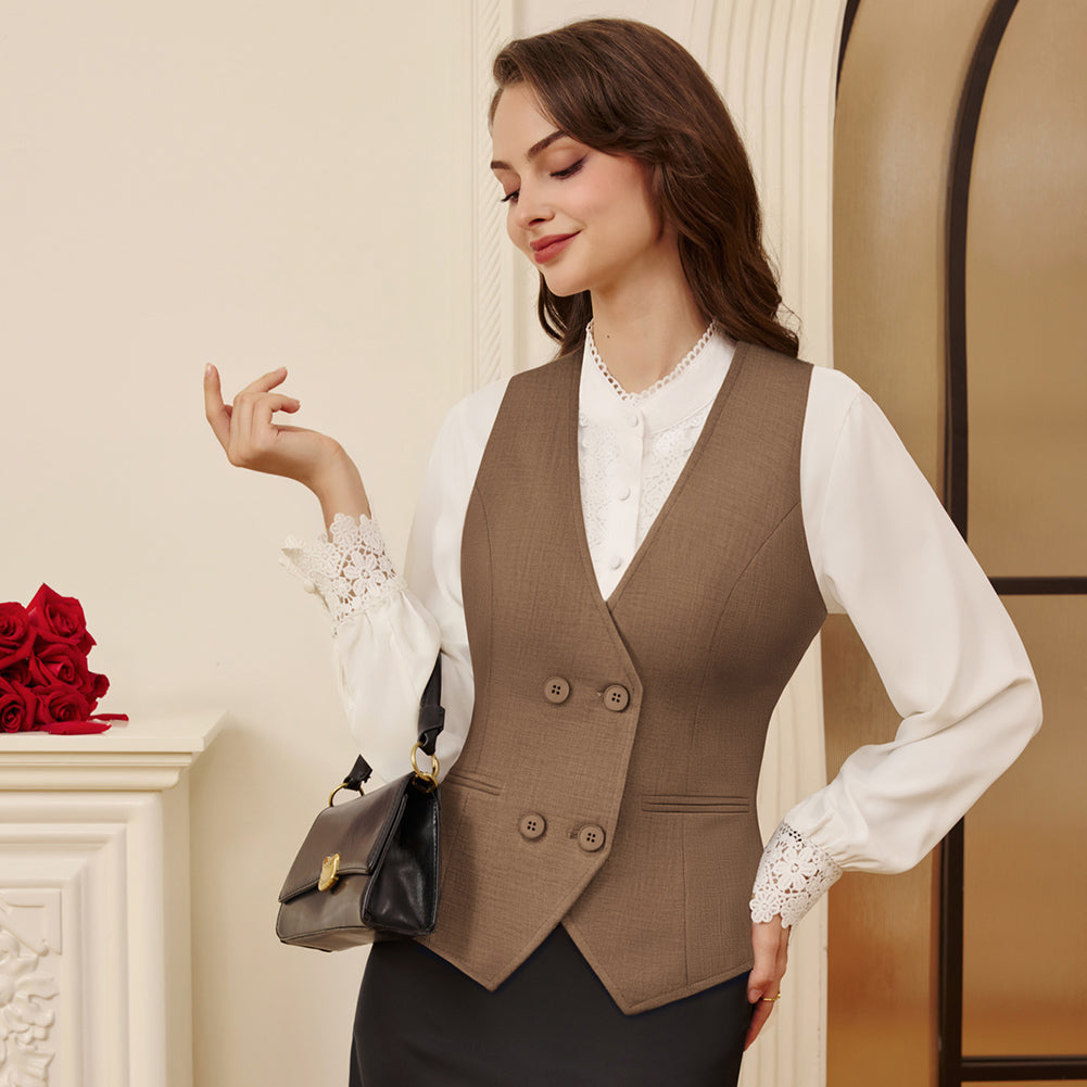 belle poque Women Double Breasted Vest Coat V-Neck Handkerchief Hem Business Waistcoat