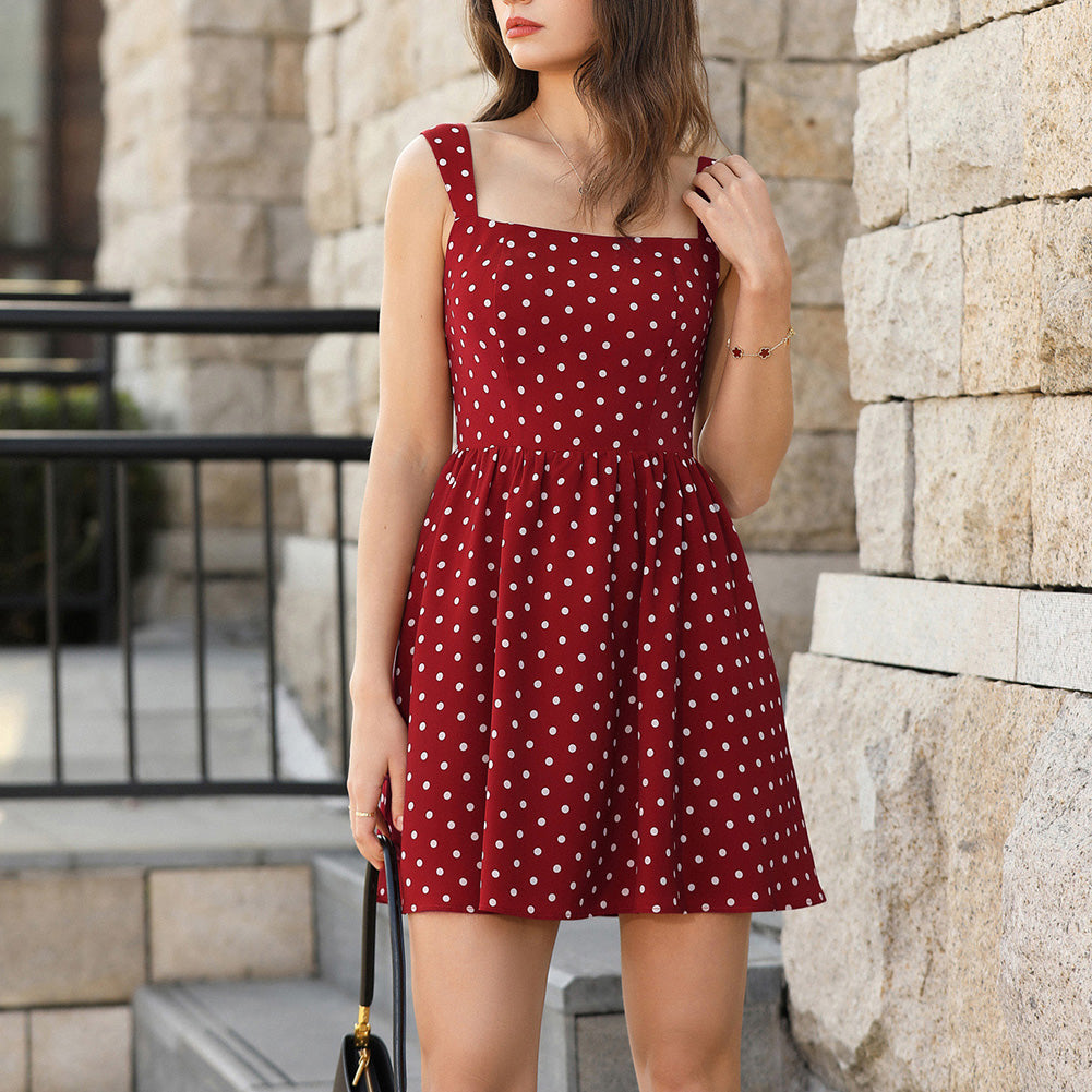 belle poque Women Vintage Polka-Dots Date Dress Square Neck Above Knee A-Line Dress