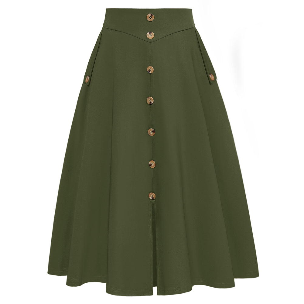 belle poque Belle Poque Women's Vintage A-Line Skirt with Slit Hem Army Green L