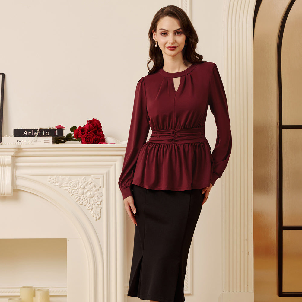 belle poque Women Retro Defined Waist Tops Long Lantern Sleeve Crew Neck Pullover Tops