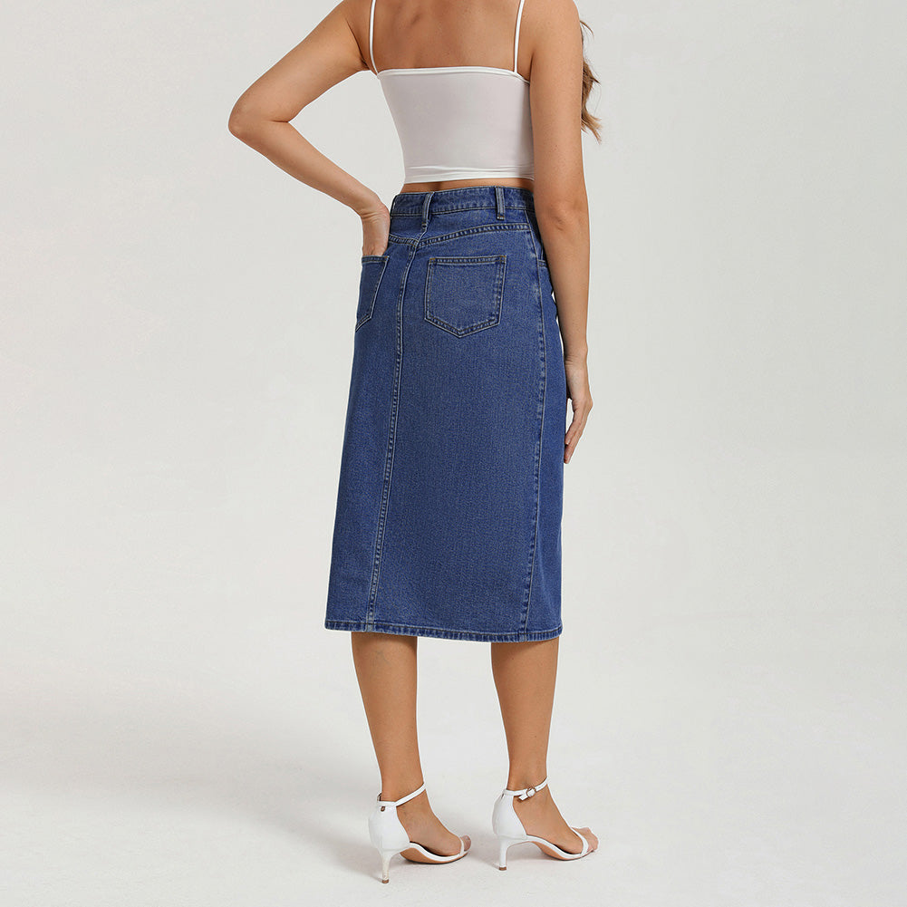 belle poque 1980s Vintage Jean Skirts for Women Front Slit Midi Skirt with Pockets