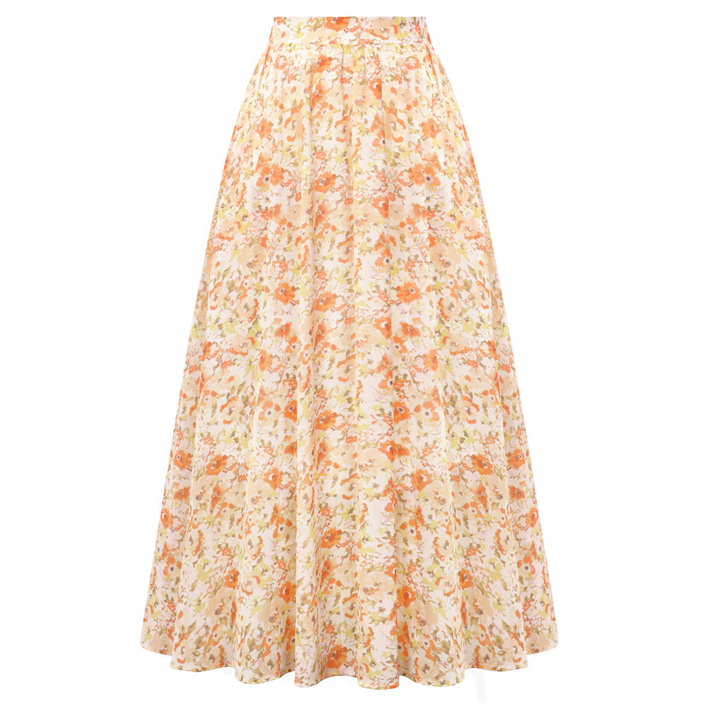 belle poque 2026 Women Vintage Swing Floral Skirt Comfy A-Line Maxi Skirt Orange