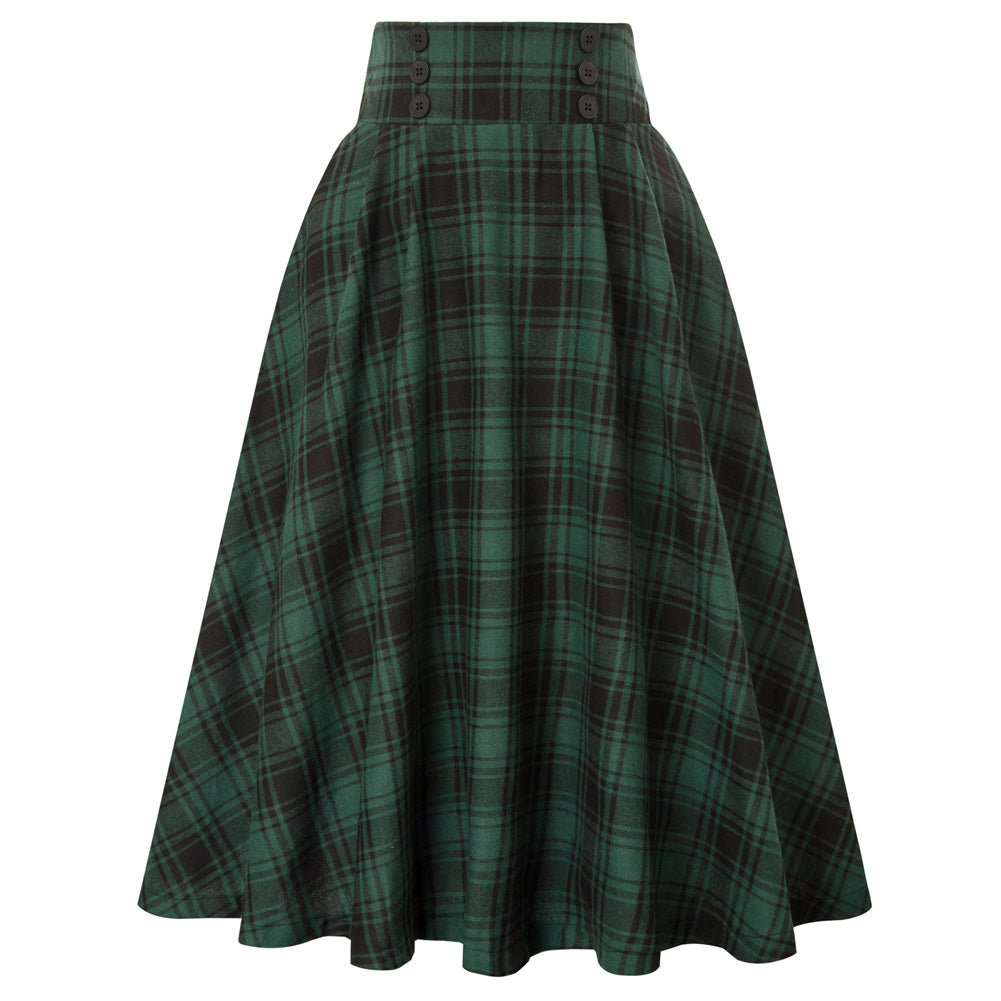 Elastic Waist Plaided Skirt High Waist Buttons Decorated Flared A-Line Skirt with Pockets