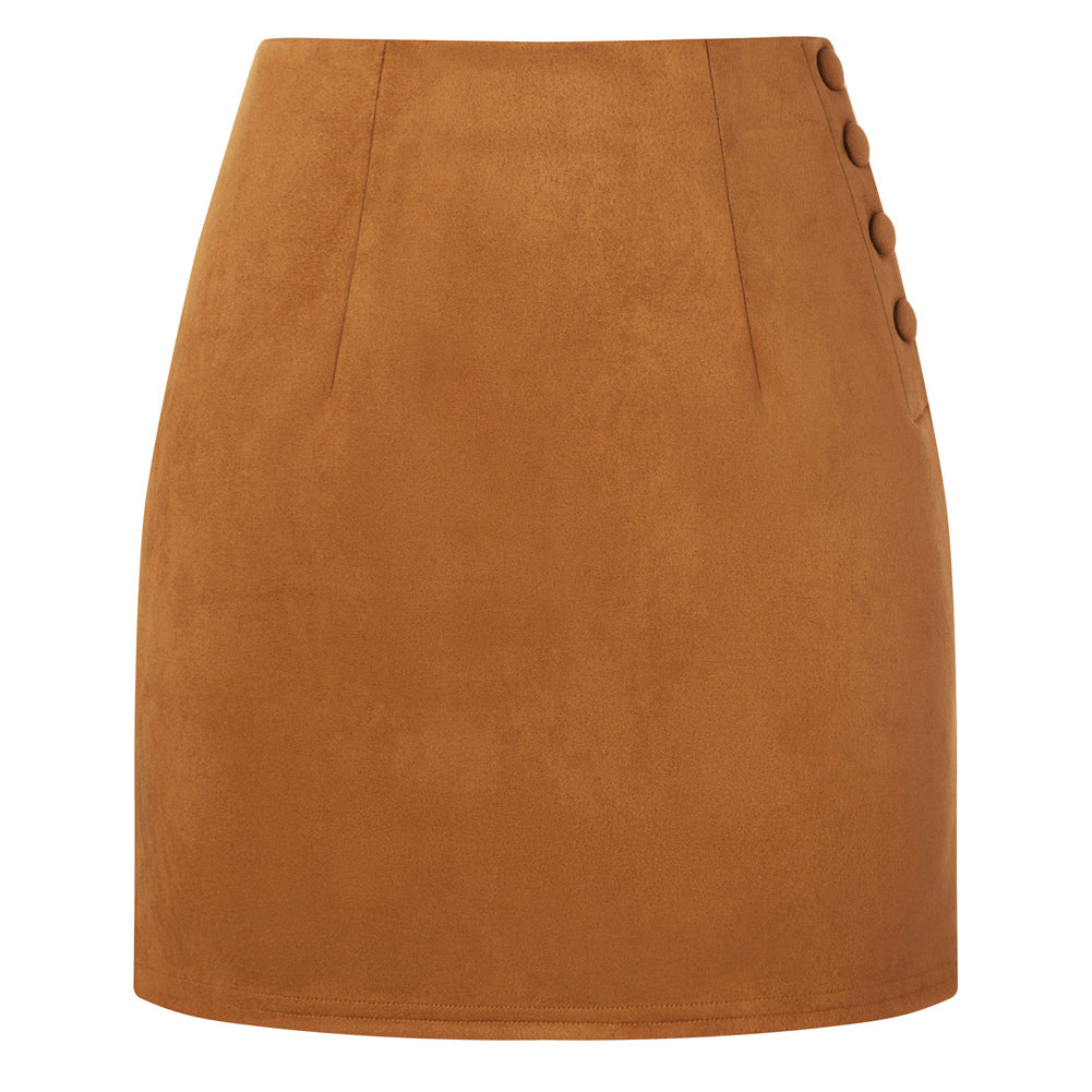 belle poque Women Mini Skirt Bodycon Mini Skirt Suede Skirts with Botton Brown