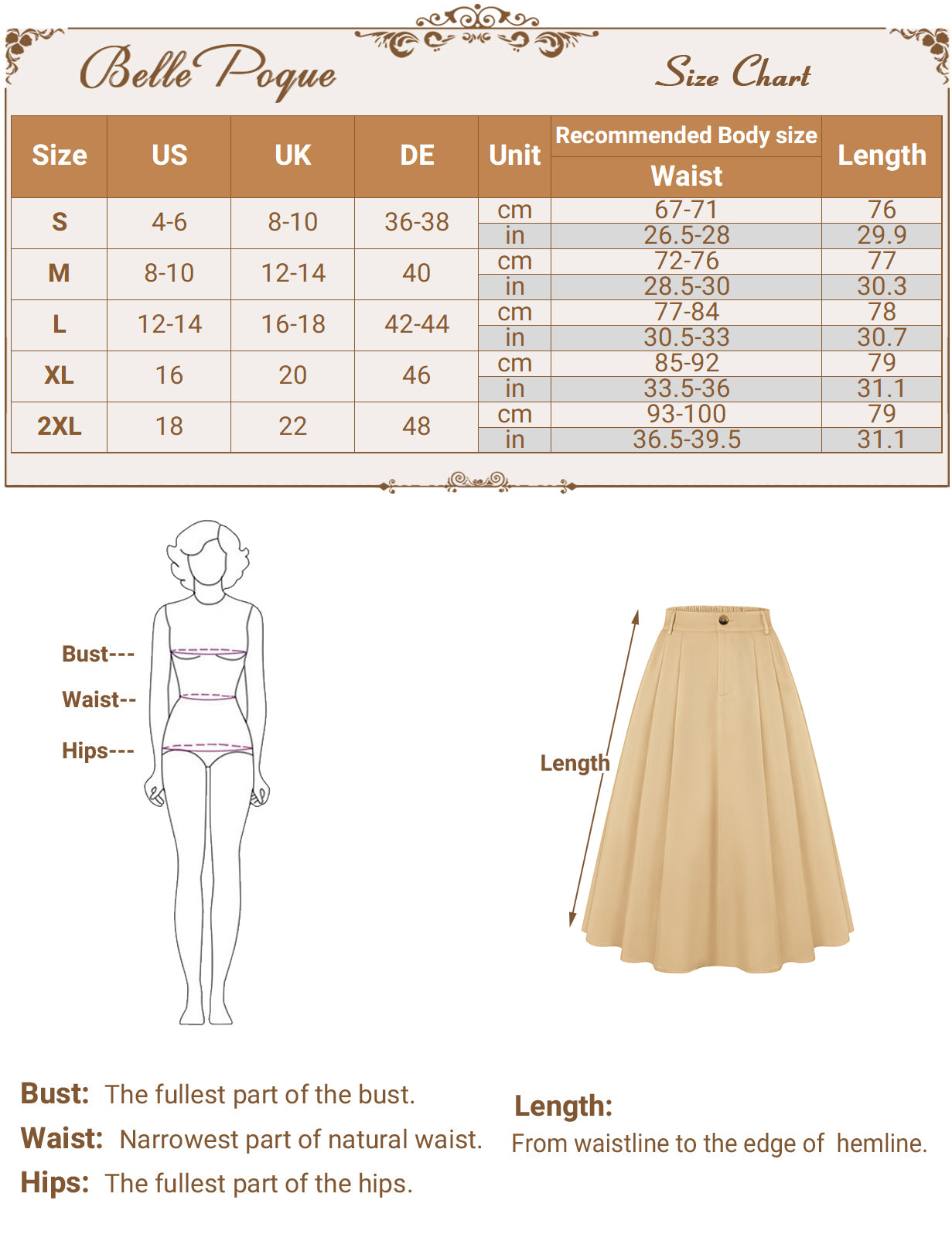 belle poque Women Vintage Swing Skirt Mid-Calf Length A-Line Skirt