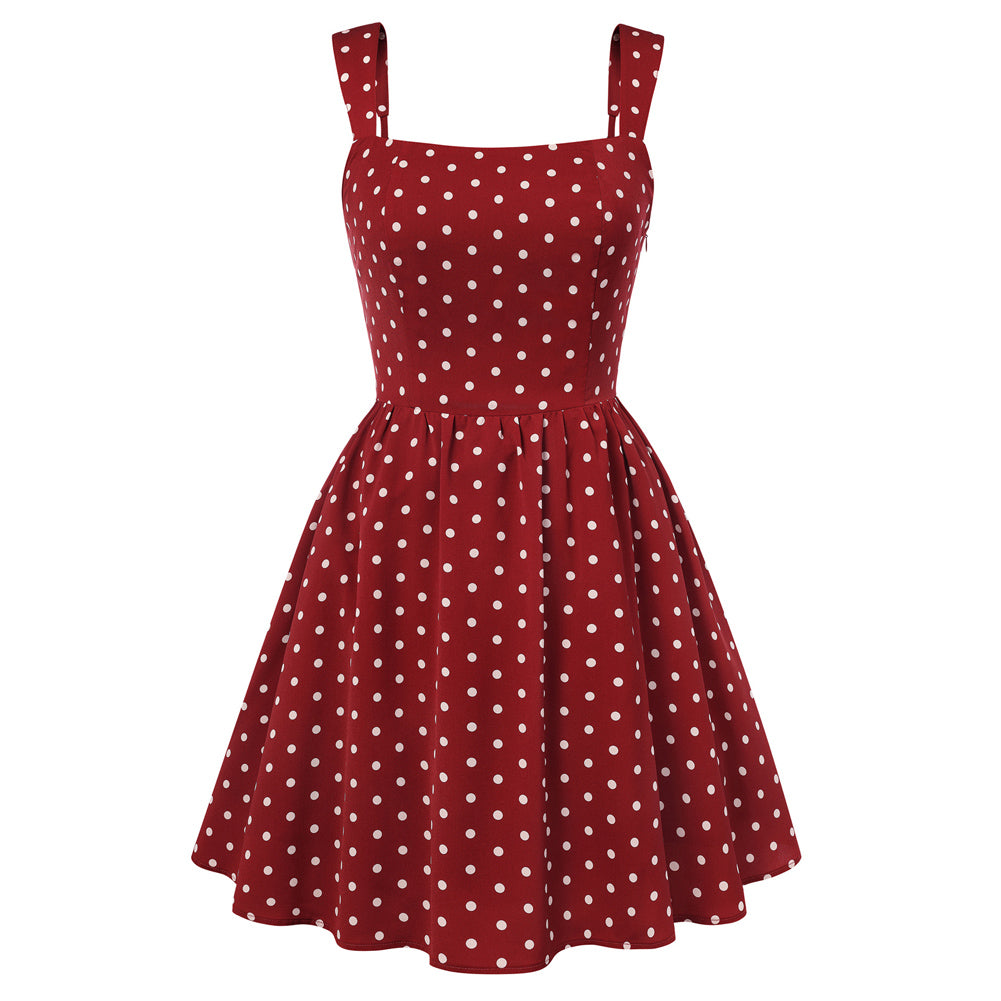 belle poque Women Vintage Polka-Dots Date Dress Square Neck Above Knee A-Line Dress Red