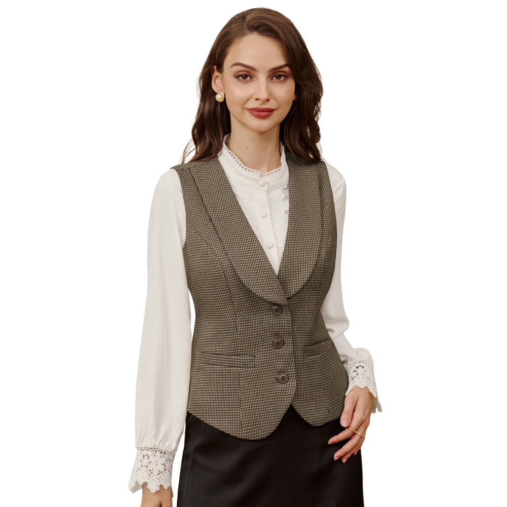 belle poque Vintage Lapel Collar Suit Vest Tops for Women Work Dressy Waistcoat Blazer with Pockets