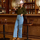 belle poque Vintage Straight Leg High Waisted Elastic Waist Multi-Pocket Flare Denim Pants