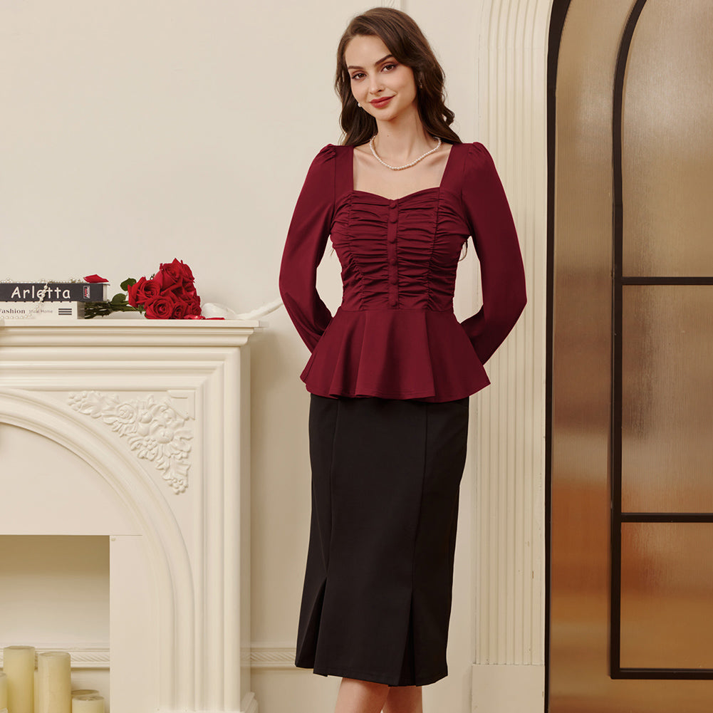 belle poque Women Vintage Ruched Tops Puffed Long Sleeve Peplum Hem Tops