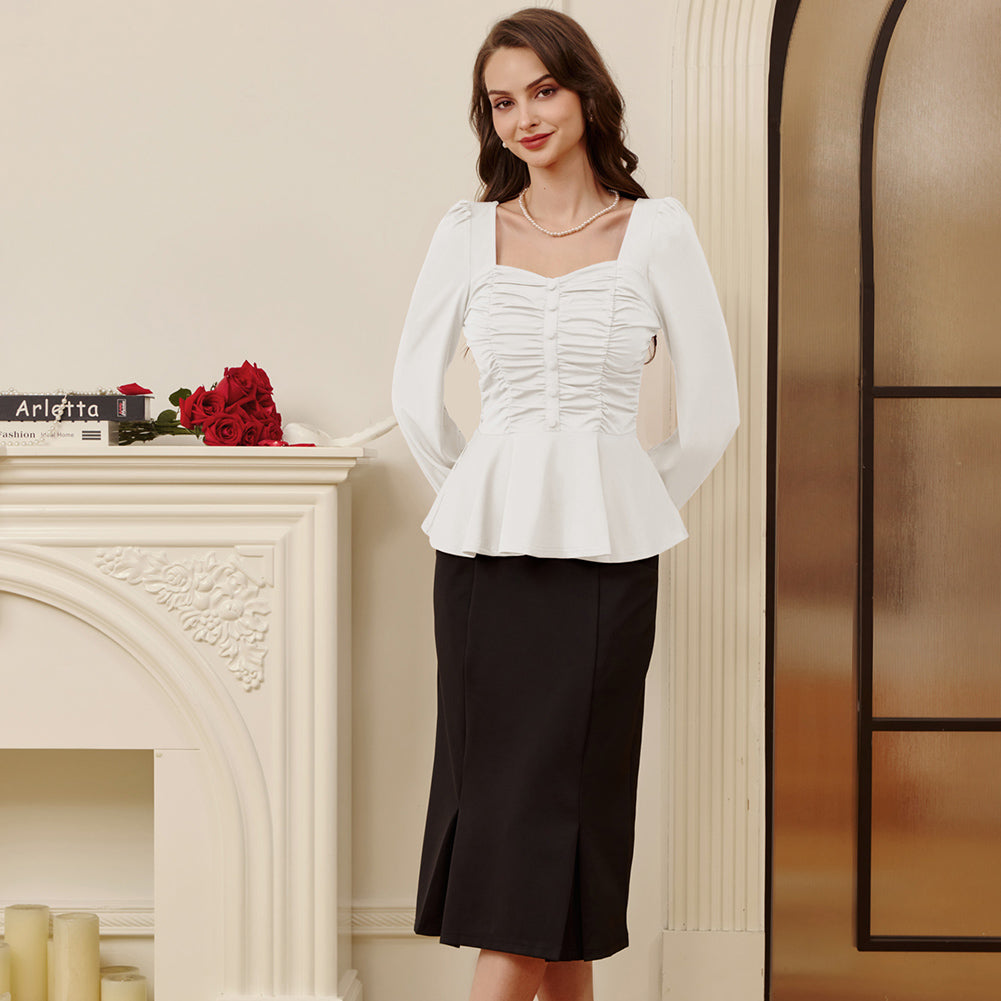 belle poque Women Vintage Ruched Tops Puffed Long Sleeve Peplum Hem Tops