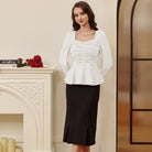 belle poque Women Vintage Ruched Tops Puffed Long Sleeve Peplum Hem Tops