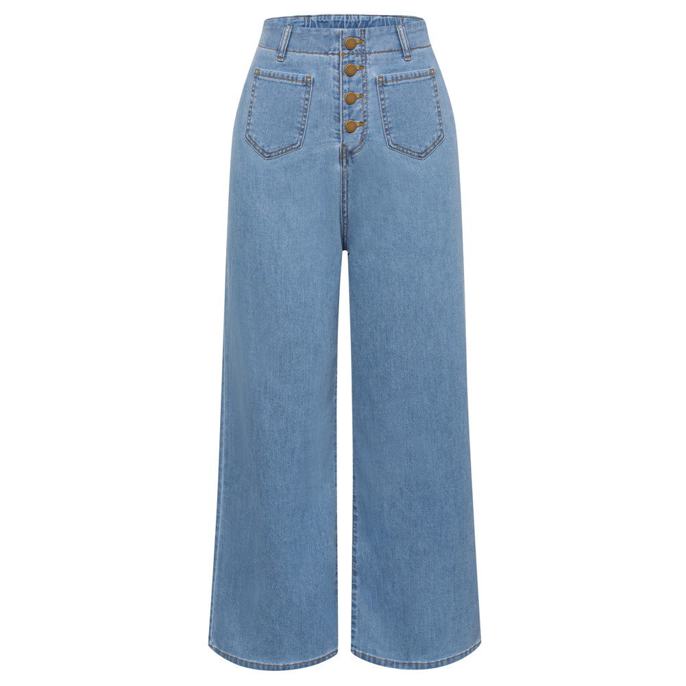belle poque Vintage Straight Leg High Waisted Elastic Waist Multi-Pocket Flare Denim Pants