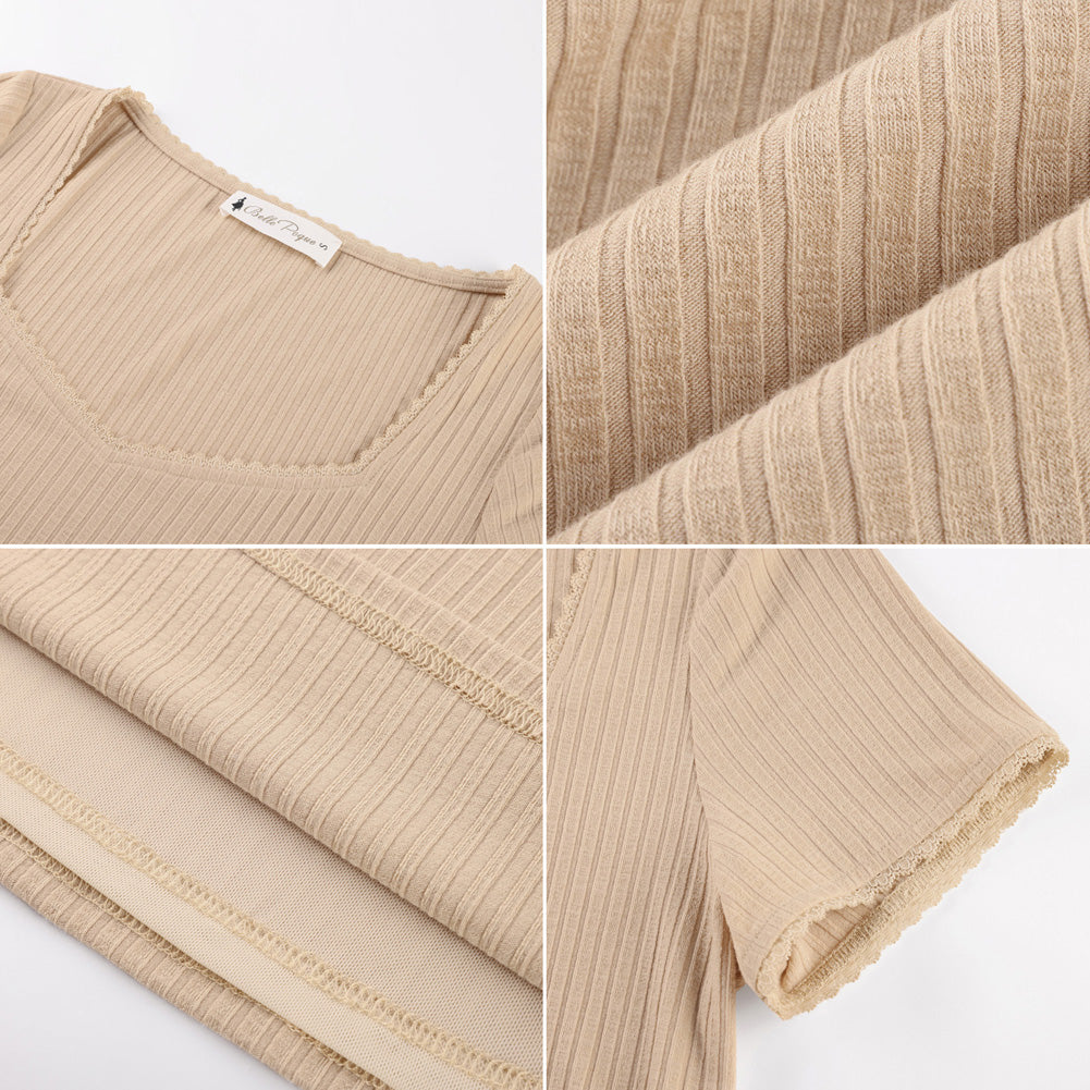 belle poque Women's Lace Trim Tops Slim Fit Ribbed Knit Basic Tee Tops