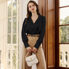 belle poque Women Vintage Shirt OL Long Sleeve Lapel Collar V-Neck Button-up Tops