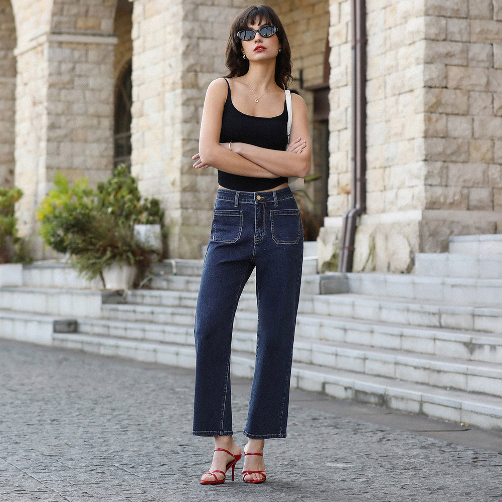 belle poque Women's Straight Leg Jeans Mid Rise Wide Leg Denim Pants with Pockets