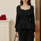 belle poque Women Vintage Ruched Tops Puffed Long Sleeve Peplum Hem Tops