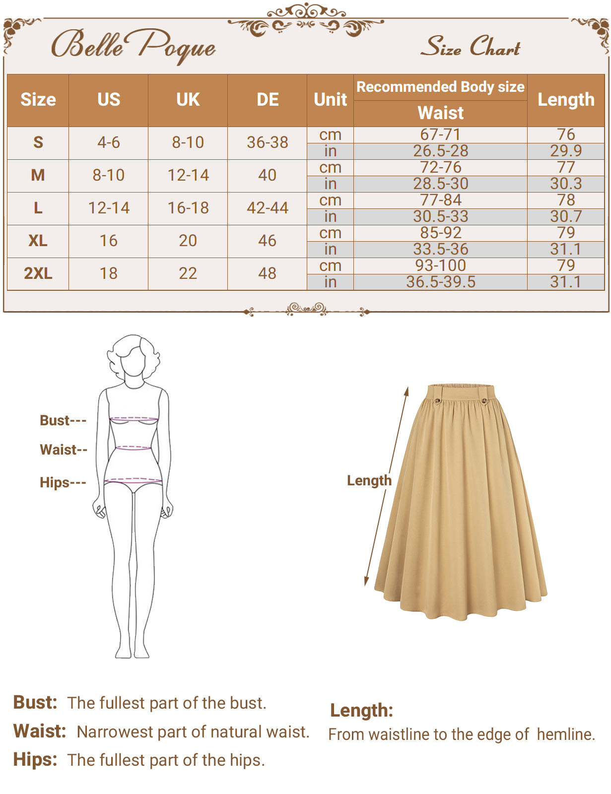 belle poque Women Vintage Swing Skirt Elastic Waist Mid-Calf Length A-Line Skirt
