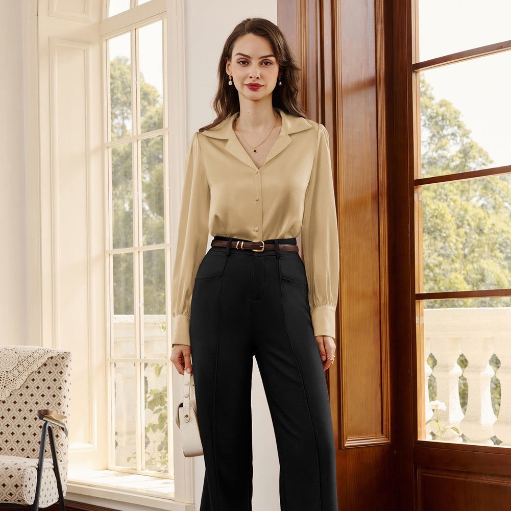 belle poque Women Vintage Shirt OL Long Sleeve Lapel Collar V-Neck Button-up Tops