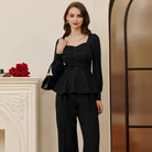 belle poque Women Vintage Ruched Tops Puffed Long Sleeve Peplum Hem Tops