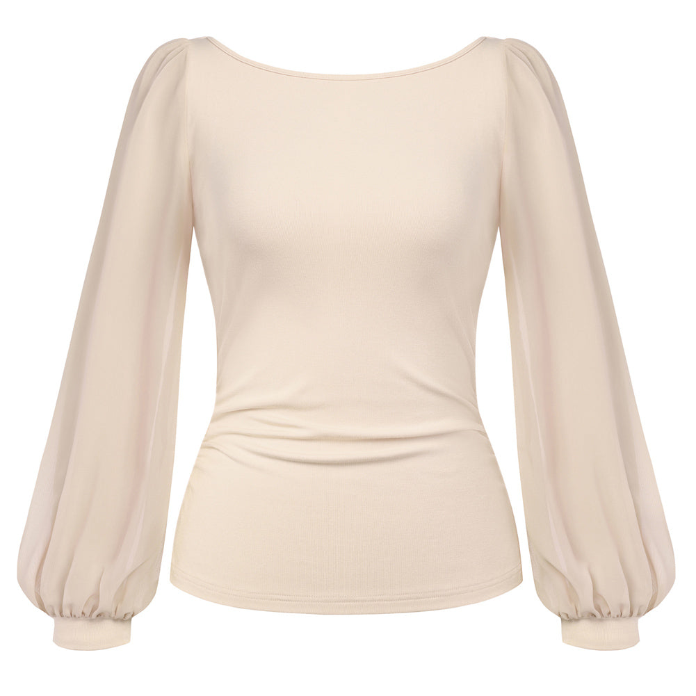 belle poque Women's Mesh Long Sleeve Tops Bow Tie Back Dressy Blouses White