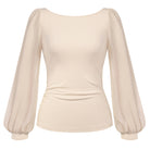 belle poque Women's Mesh Long Sleeve Tops Bow Tie Back Dressy Blouses White