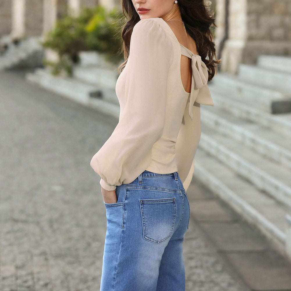 belle poque Women's Mesh Long Sleeve Tops Bow Tie Back Dressy Blouses