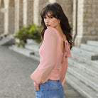 belle poque Women's Mesh Long Sleeve Tops Bow Tie Back Dressy Blouses