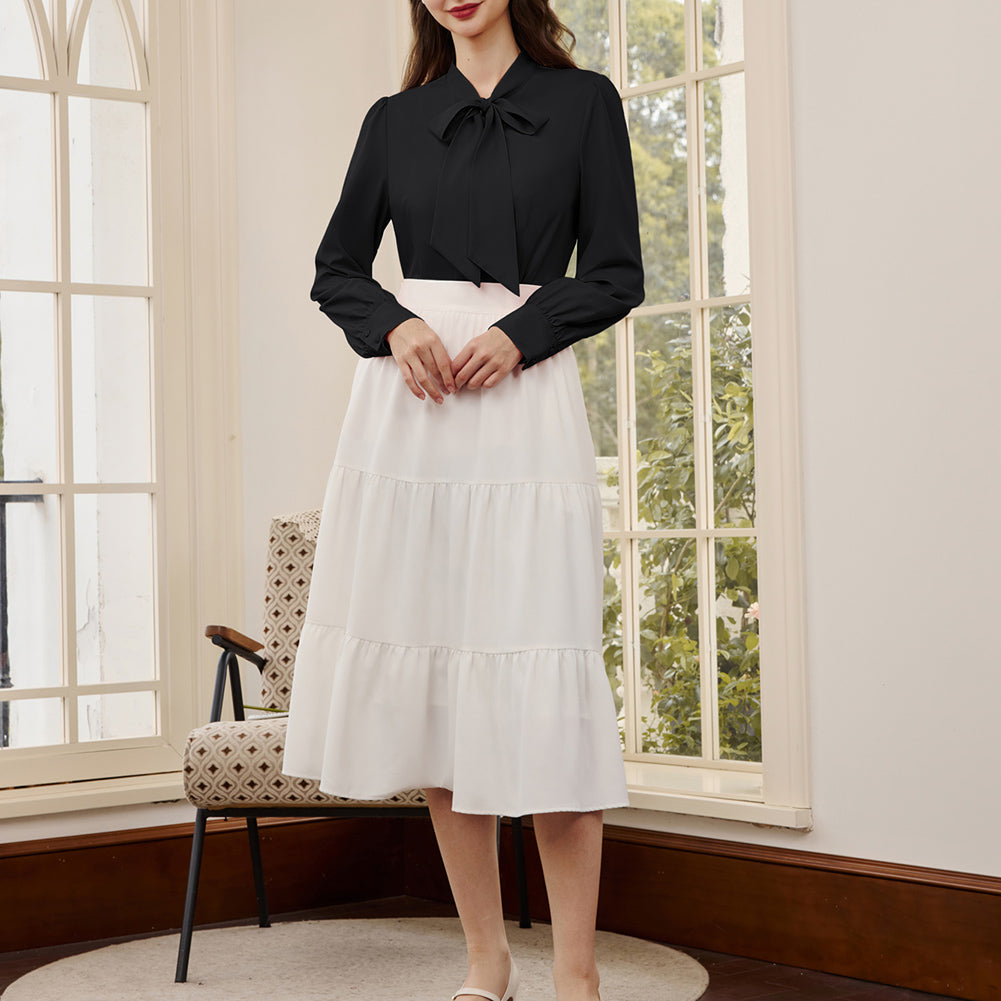 belle poque Women's Bow Tie Neck Blouse Button Down Shirt for Work Office Casual