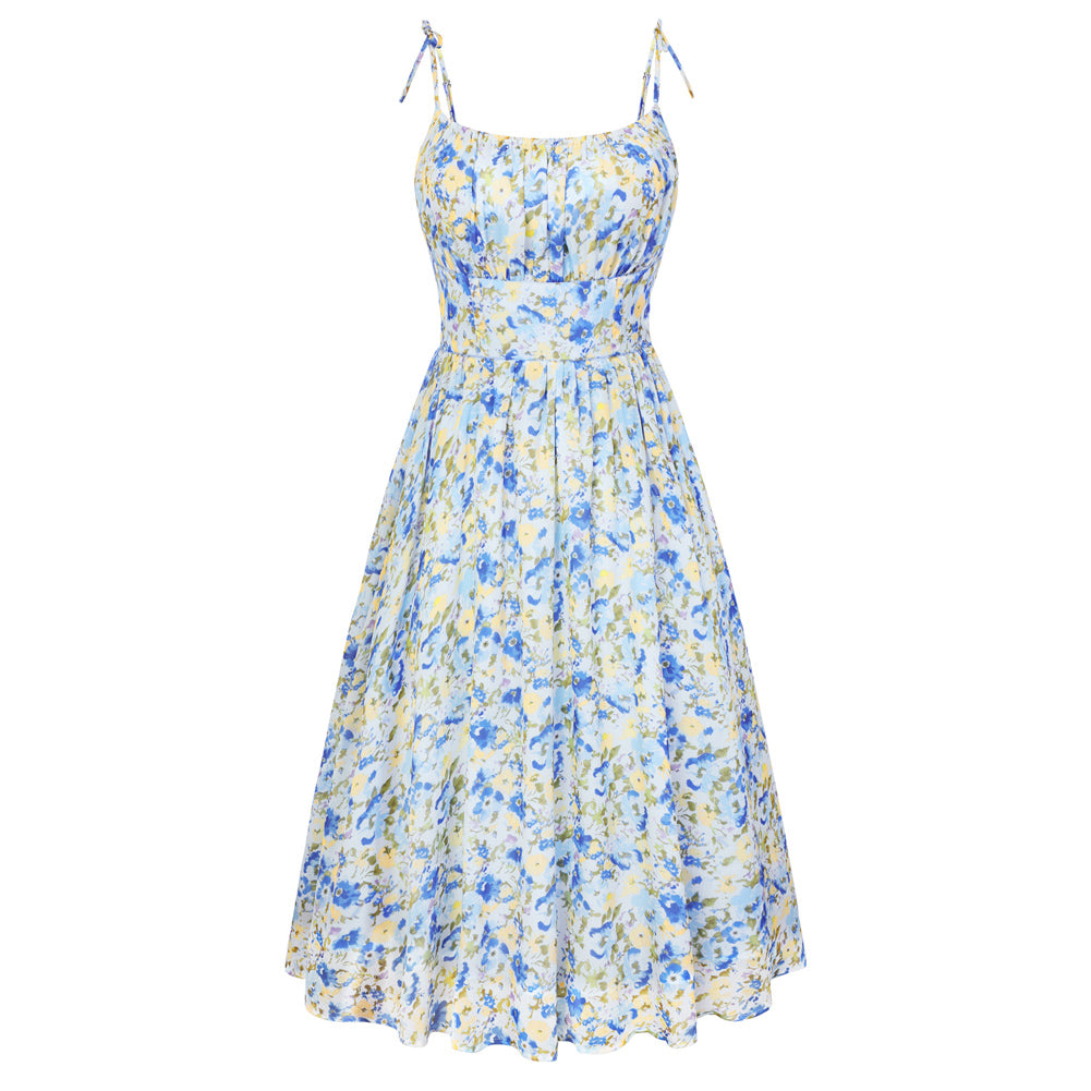 belle poque Floral Dress for Women Midi Sundress 2026 Summer Spring Casual Dresses with Pockets Blue