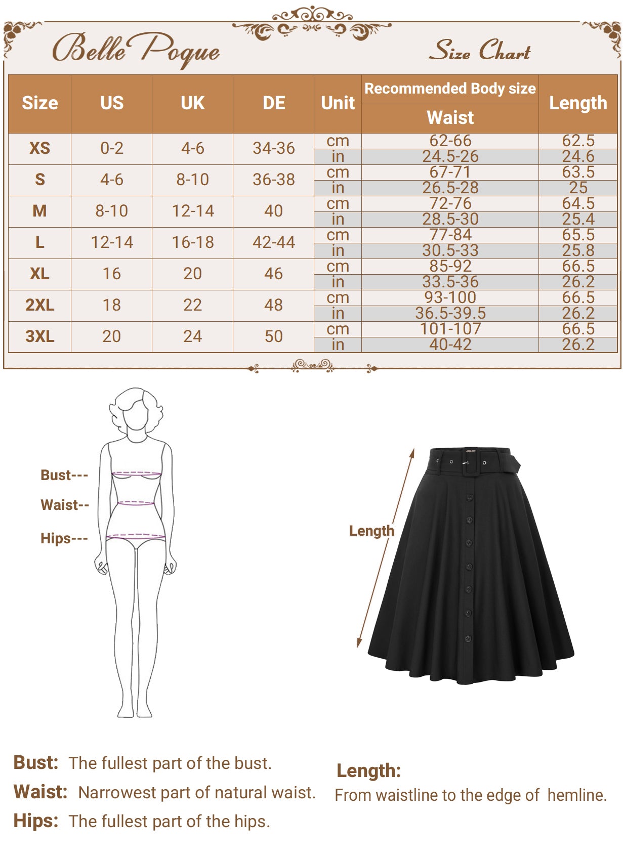 belle poque Vintage Stretch High Waist A-Line Flared Midi Skirts with Pockets & Belts