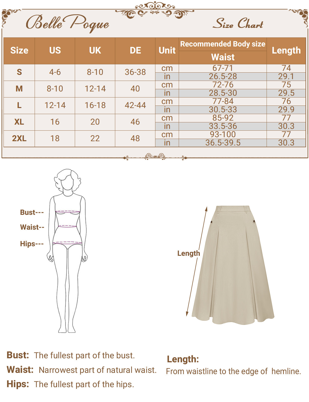 belle poque Vintage Swing Skirt Elastic Waist Flared A-Line Mid-Calf Skirt