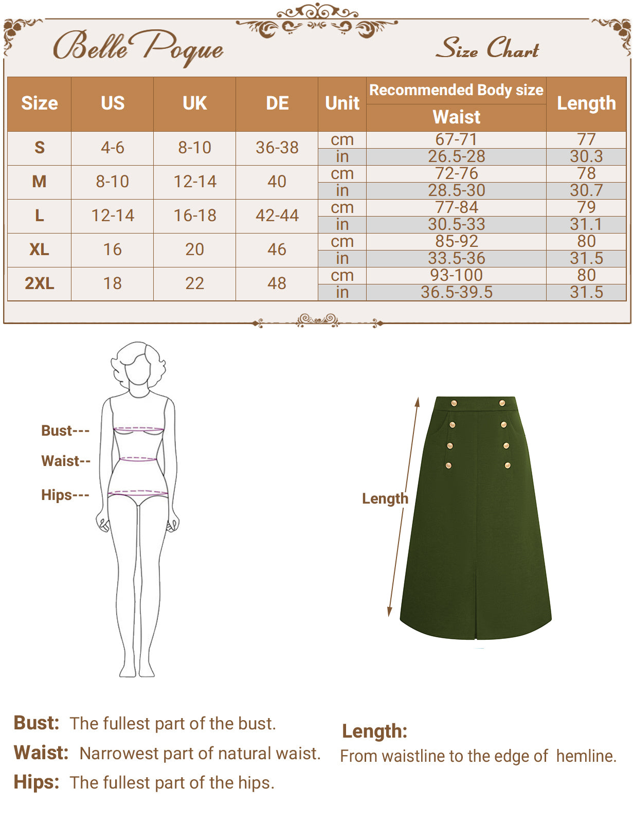 belle poque Vintage Front Slit Skirt Elastic Waist Button Decorated A-Line Skirt