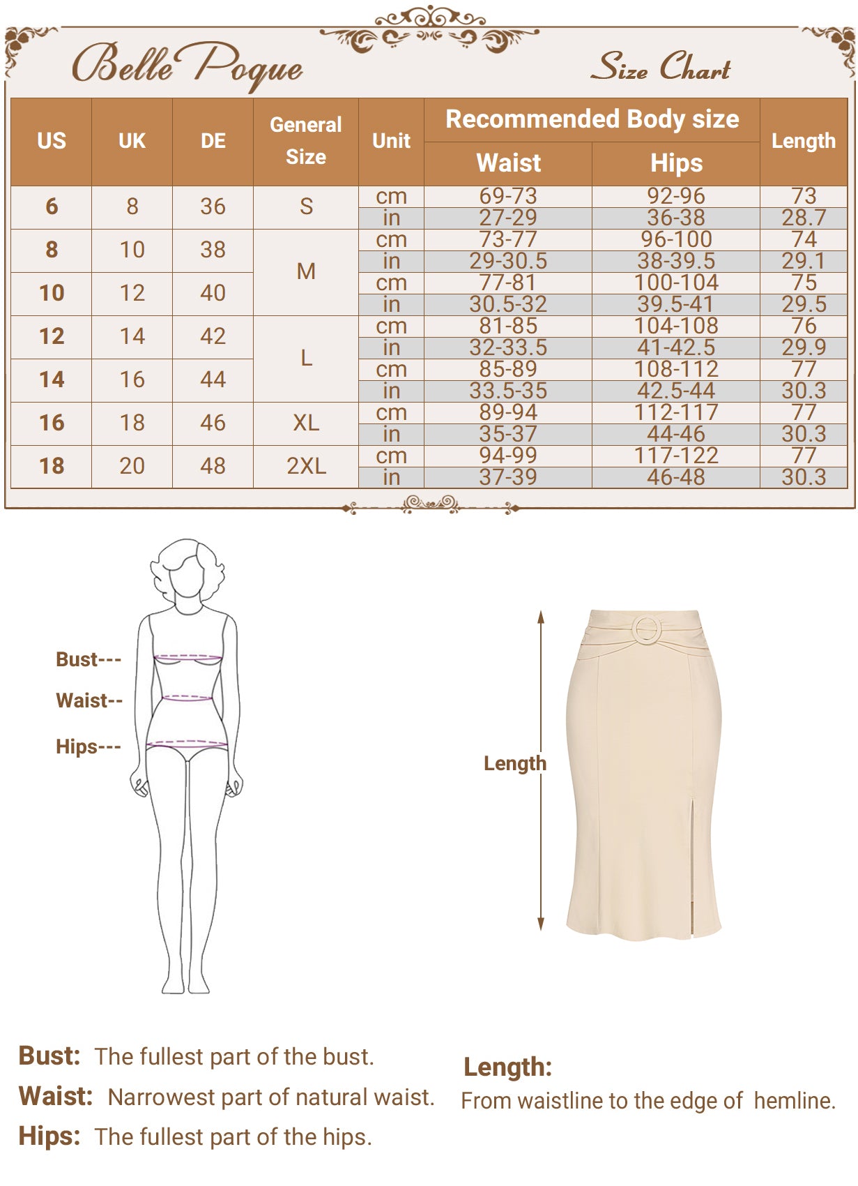 belle poque BP Women Vintage Front Slit Skirt Elastic Waist Mermaid Hem Bodycon Skirt